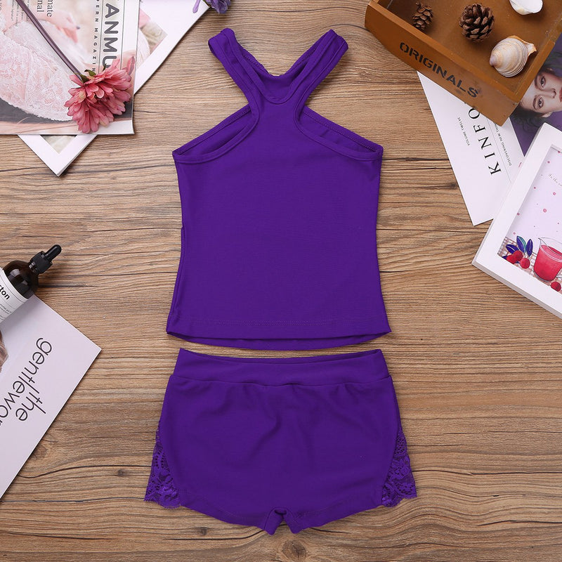 [AUSTRALIA] - TiaoBug Kids Girls 2pcs Tankini Performance Outfit Gymmnastics Dancing Leotard Crop Top with Bottoms Set Activewear Purple 8 