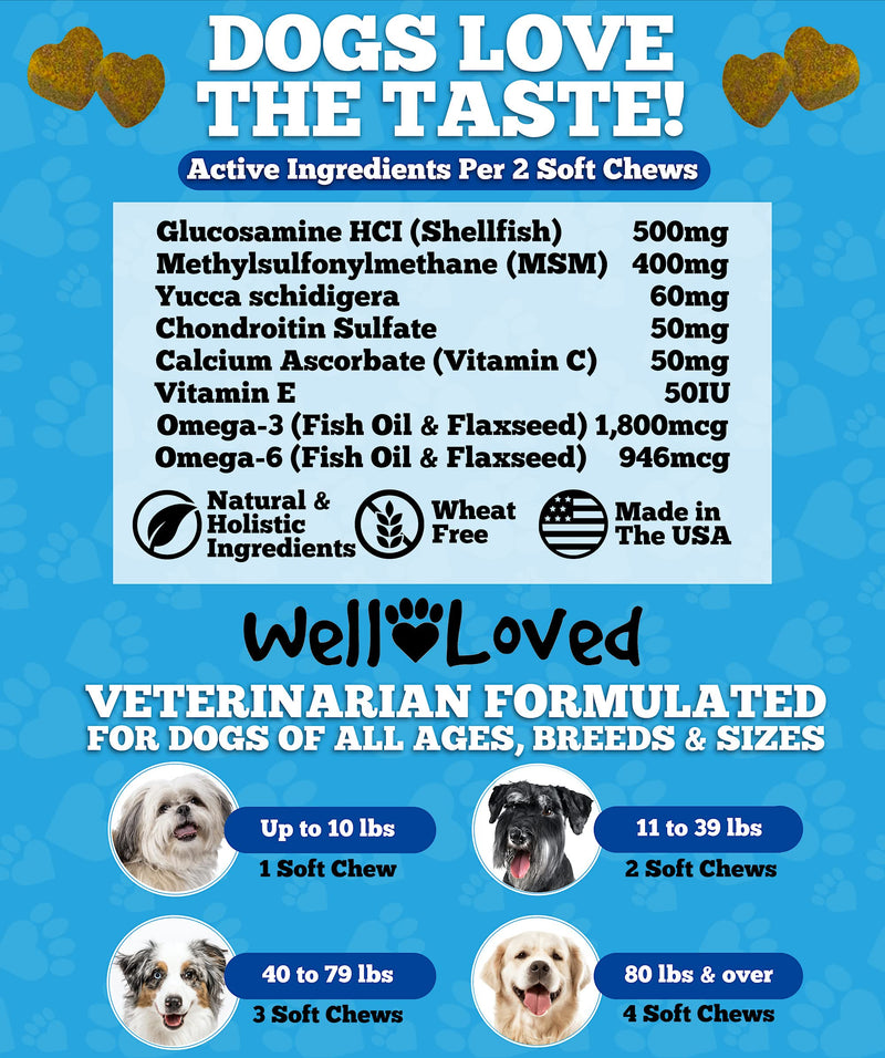 Well Loved Glucosamine for Dogs - Joint Supplement for Dogs, Made in USA, Vet Developed, Dog Joint Supplement, Glucosamine Chondroitin for Dogs, Advanced Hip and Joint Chews with MSM, Pain Relief, 120 - BeesActive Australia