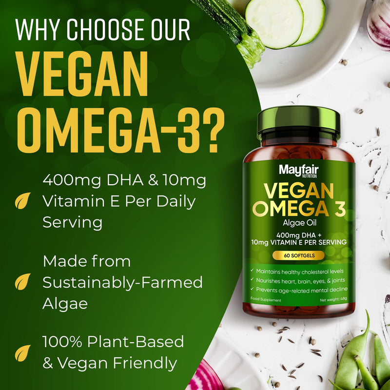 Vegan Omega 3 from Sustainable Algae Oil - 60 Vegan Capsules Rich in Algae Omega 3 Fatty Acids - 400mg DHA & 10mg Vitamin E Per Daily Serving - BeesActive Australia