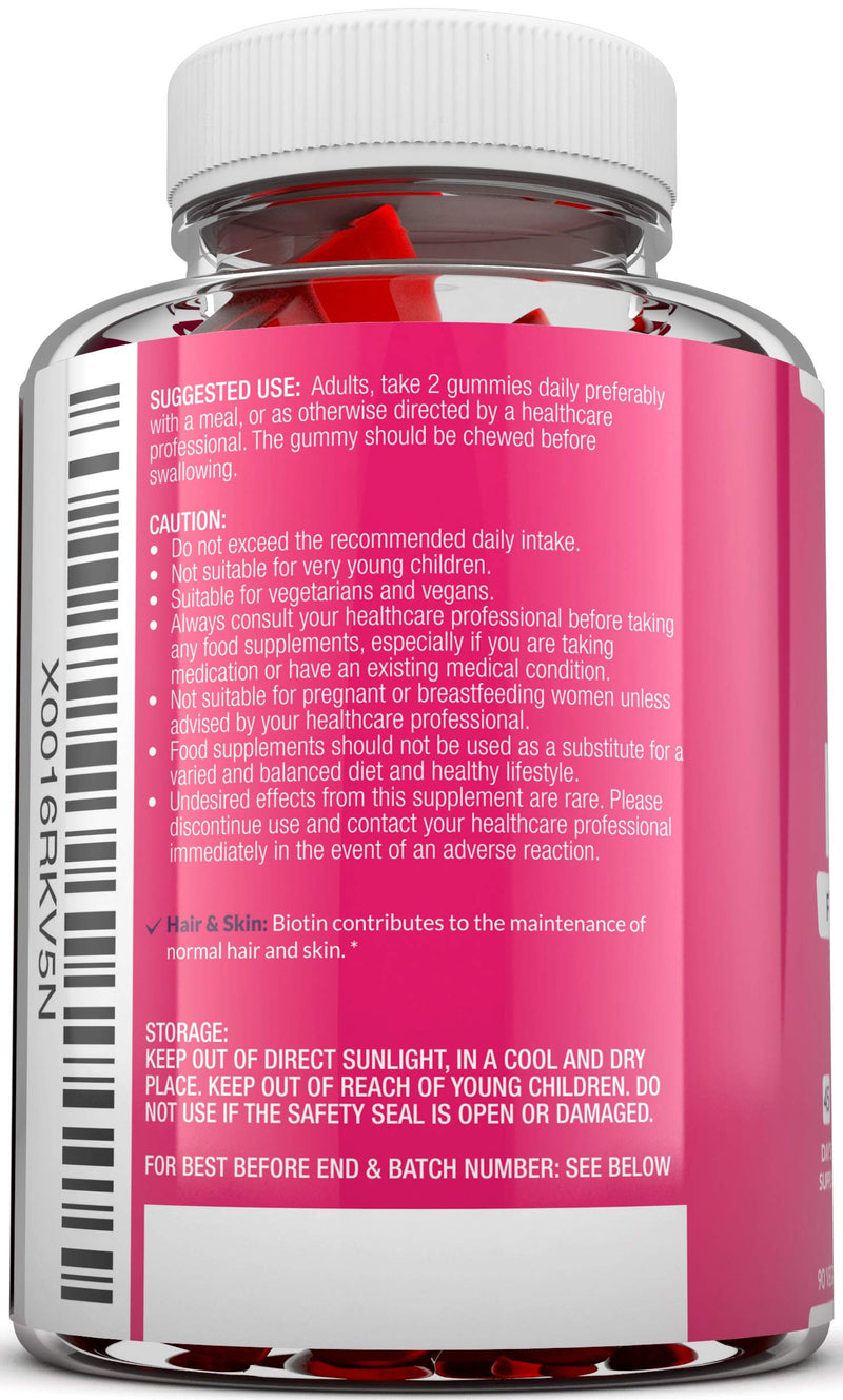 Biotin Hair Gummies 10,000mcg - 90 Vegan Gummies - 45 Day Supply - Strawberry Flavour - Supports Normal Skin & Hair Growth - Chewable Hair Vitamins - BeesActive Australia