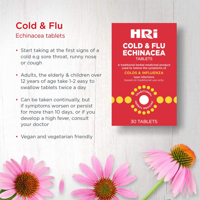 HRI Cold and Flu Tablets - Echinacea Tablets 338 to 450 Milligrams, to Relieve the Symptoms of Cold and Flu, 30 Tablets - BeesActive Australia