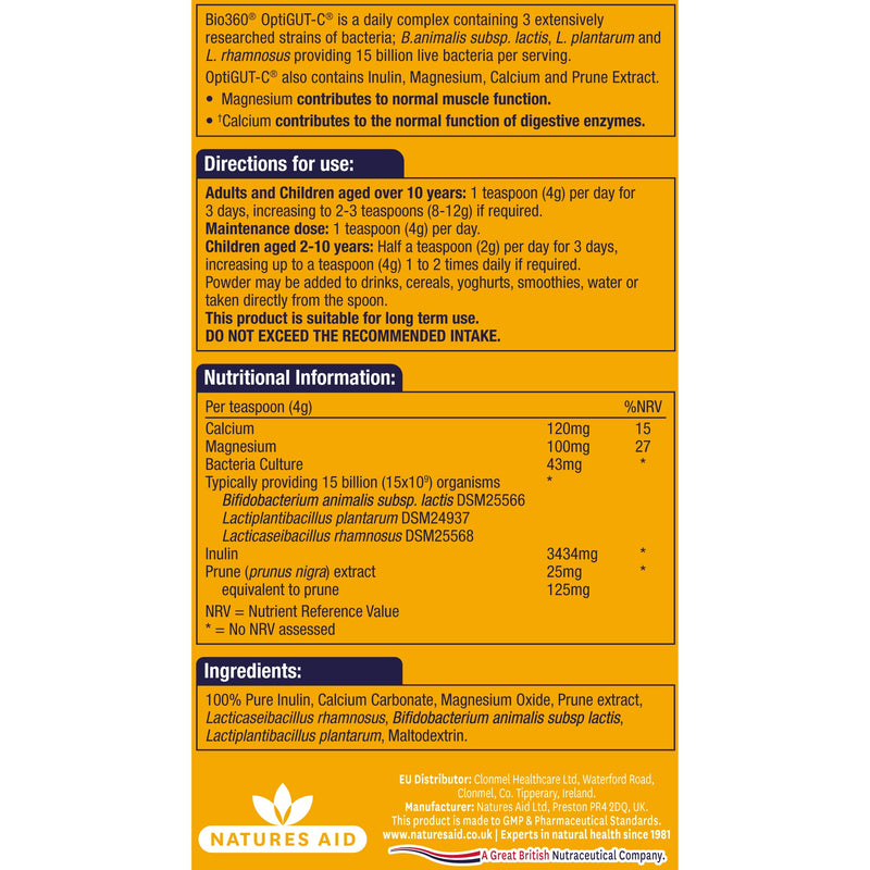 Bio360 OptiGUT-C (15 Billion Bacteria)|from Natures Aid|Digestion Support*|120g Powder - BeesActive Australia