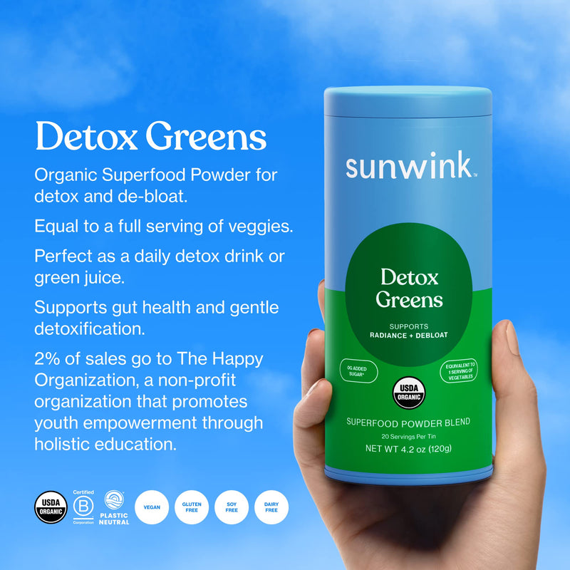 Sunwink Detox Powdered Greens - Organic Super Greens Powder Superfood for Debloat w/Celery, Dandelion, Spirulina - Daily Greens Powder for Gentle Detox - 4.2 oz (20 Servings) For Immune Support - BeesActive Australia