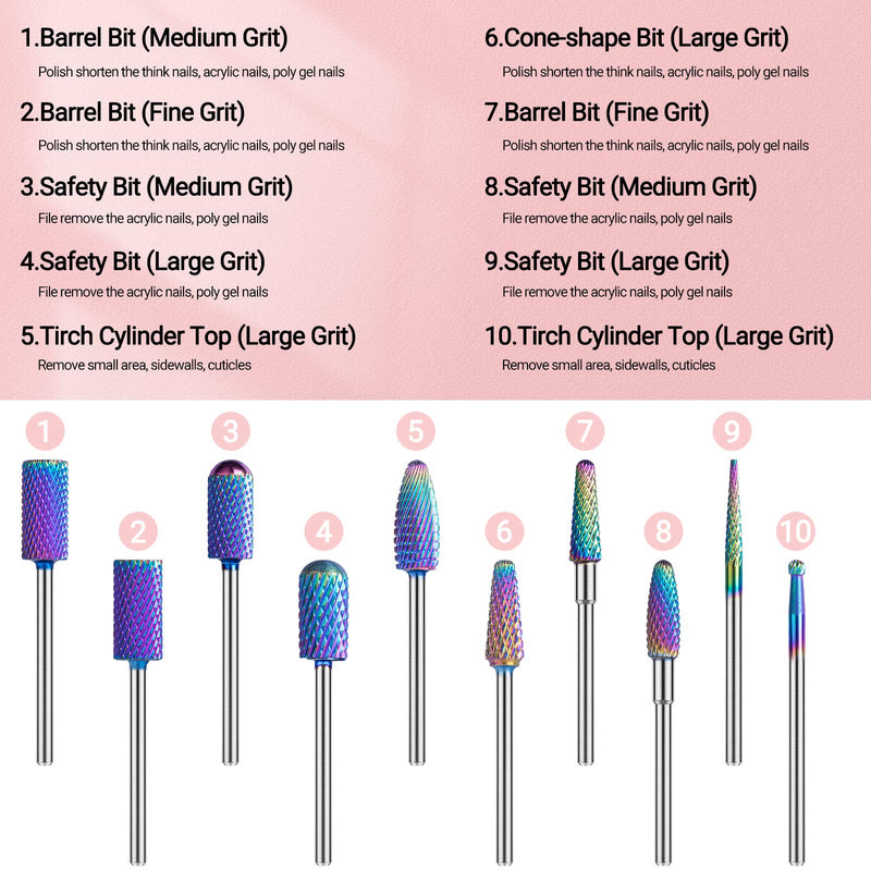 MelodySusie Nail Drill Bits, 10Pcs Professional Tungsten Carbide Drill Bits Set for Acrylic Gel Nails Polishing Remove Manicure Pedicure, 3/32 Inch, Colorful - BeesActive Australia
