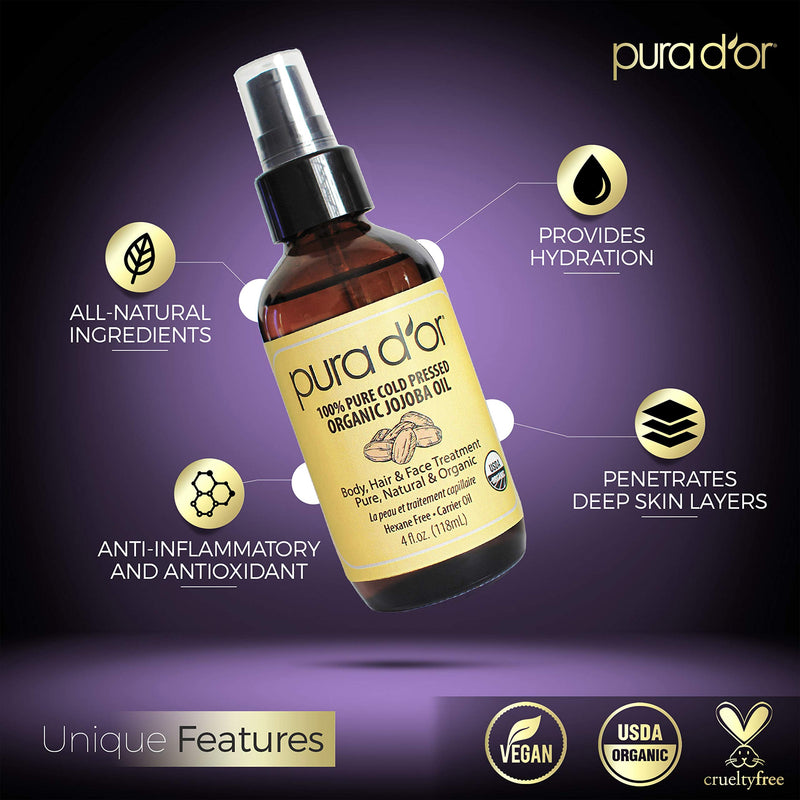 PURA D’OR Organic Golden Jojoba Oil (4oz / 118mL) USDA Certified Premium Grade 100% Pure Natural Moisturizer: Cold Pressed, Unrefined, Hexane-Free Base Carrier Oil for DIY Skin Care, Hair, Face & Nai - BeesActive Australia