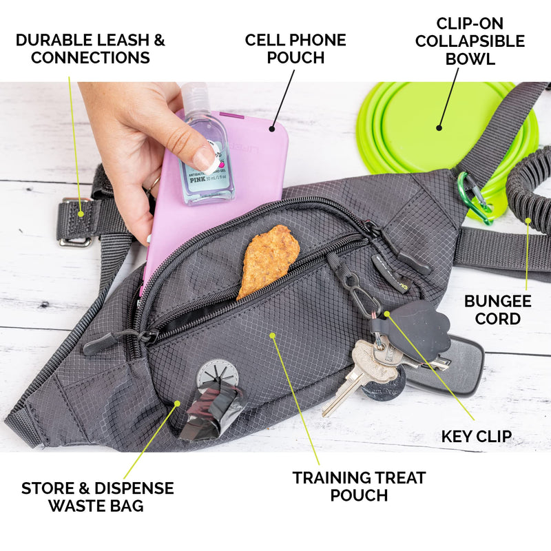 Hyper Pet Hands Free Dog Leash, Black Fanny Pack & Collapsible Dog Bowl (Use on Waist, Across Shoulder or Just as Dog Leash) Use on Small, Medium & Large Dogs for Training, Walking Jogging & Running - BeesActive Australia