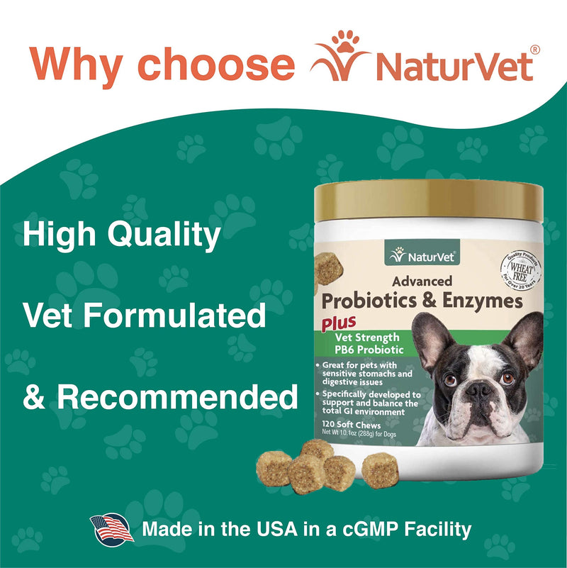NaturVet – Advanced Probiotics & Enzymes - Plus Vet Strength PB6 Probiotic | Supports and Balances Pets with Sensitive Stomachs & Digestive Issues | for Dogs & Cats 120 Soft Chews - BeesActive Australia