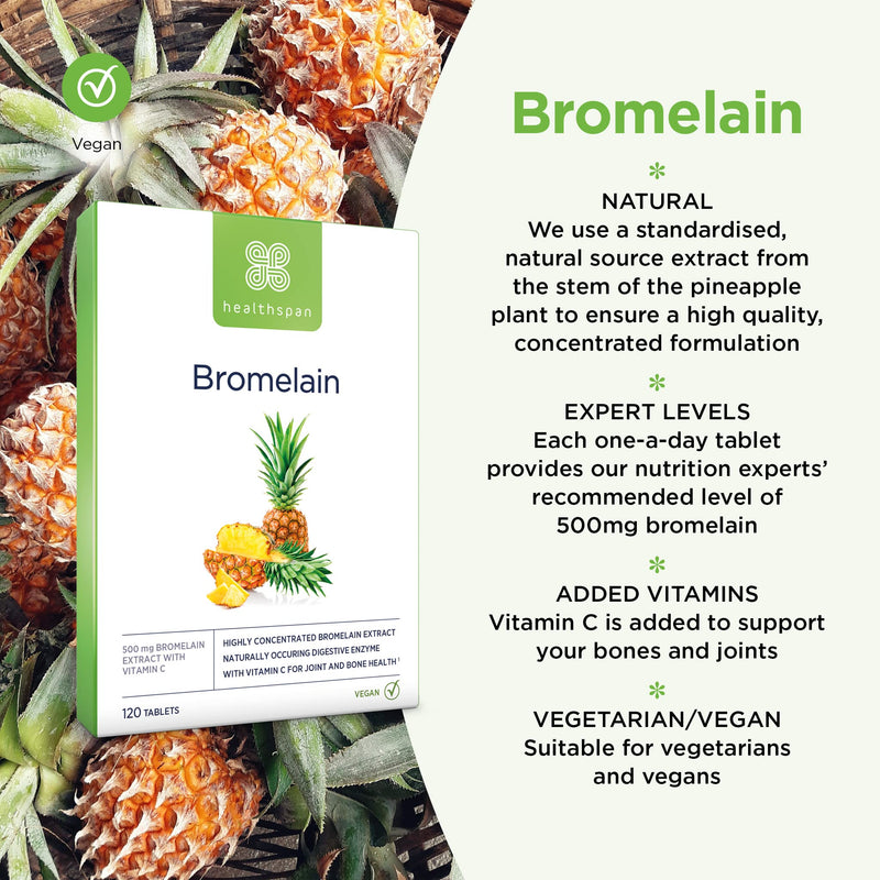 Healthspan Bromelain with Added Vitamin C | 120 Tablets | 500mg Bromelain Extract | Digestive Enzyme | Pineapple Plant | Vegan - BeesActive Australia