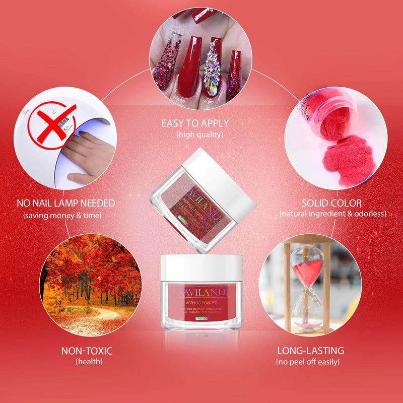 Saviland Acrylic Powder Set - Glitter Red Acrylic Nail Powder Professional Polymer Powder System for Nail Extension and DIY 3D Manicure at Home Salon - BeesActive Australia