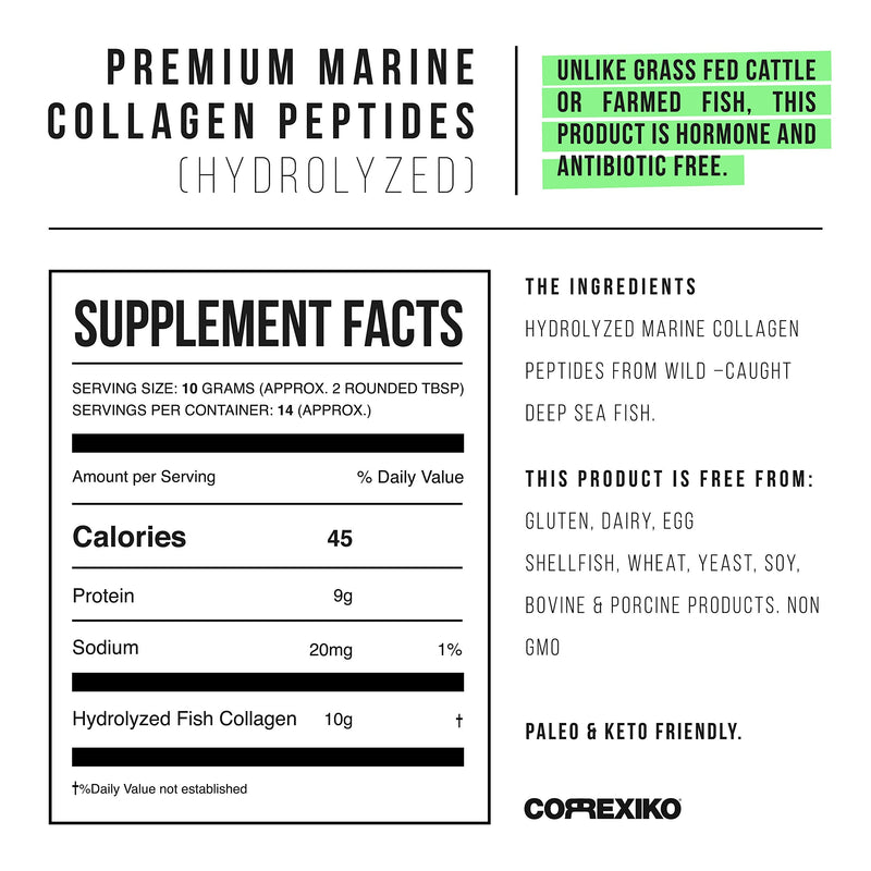 CORREXIKO Premium Marine Collagen Powder - Wild Caught Fish from Canada (Not Farmed), Protein Peptides for Skin, Hair, Nails, Joints & Bones & Digestive Health - Hydrolyzed (Unflavoured) Unflavoured 14 Servings (Pack of 1) - BeesActive Australia
