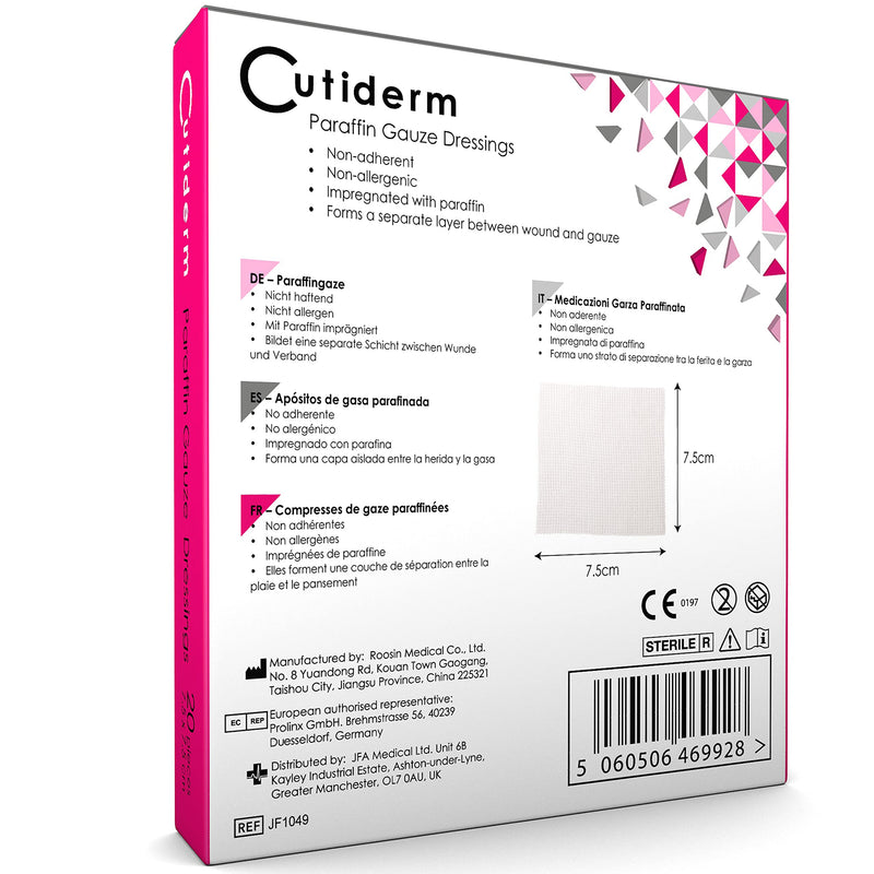 Pack of 20 Cutiderm Sterile Paraffin Gauze Dressing 7.5cm x 7.5cm - Suitable for Superficial and Partial Thickness Burns, Skin Loss Wounds, abrasions and Traumatic Injuries 7.5cm x 7.5cm (Pack of 20) - BeesActive Australia