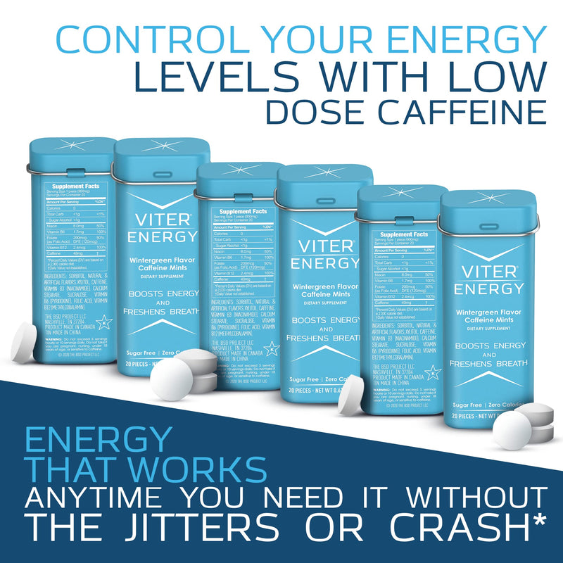 Viter Energy Caffeinated Mints 40mg Caffeine, B Vitamins, Sugar Free. (Wintergreen, 20pcs, 6 Pack) Wintergreen 20 Count (Pack of 6) - BeesActive Australia