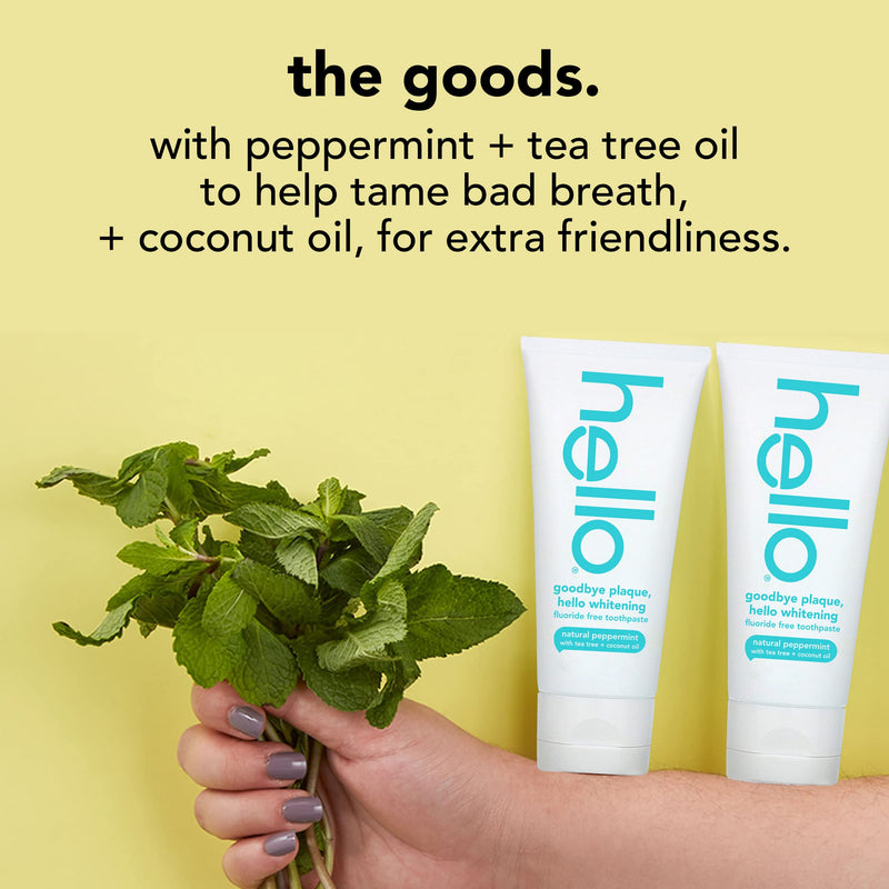 Hello Goodbye Plaque + Whitening Fluoride-Free Toothpaste, Natural Peppermint Flavour, Peroxide Free & SLS Free, 82 ml Single 82 ml (Pack of 1) - BeesActive Australia