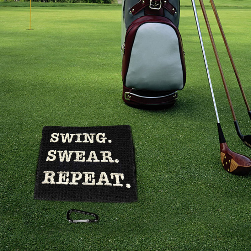Funny Golf Towel, Swing Swear Repeat, Golf Gifts for Men - Golf Accessories for Men, Embroidered Golf Towels for Golf Bags with Clip, Black - BeesActive Australia