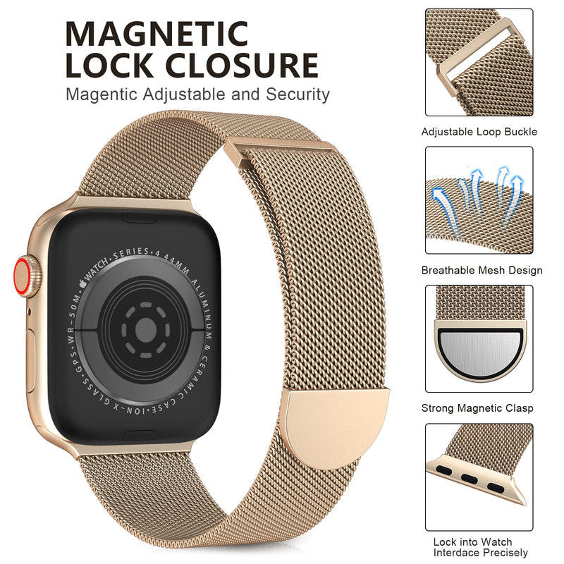 OULUOQI Compatible with Apple Watch Band Series SE 7 6 5 4 3 2 1 45mm 41mm 44mm 40mm 42mm 38mm Women and Men, Stainless Steel Mesh Loop Magnetic Clasp Replacement for iWatch Band ( Gold ） 38mm/40mm/41mm - BeesActive Australia