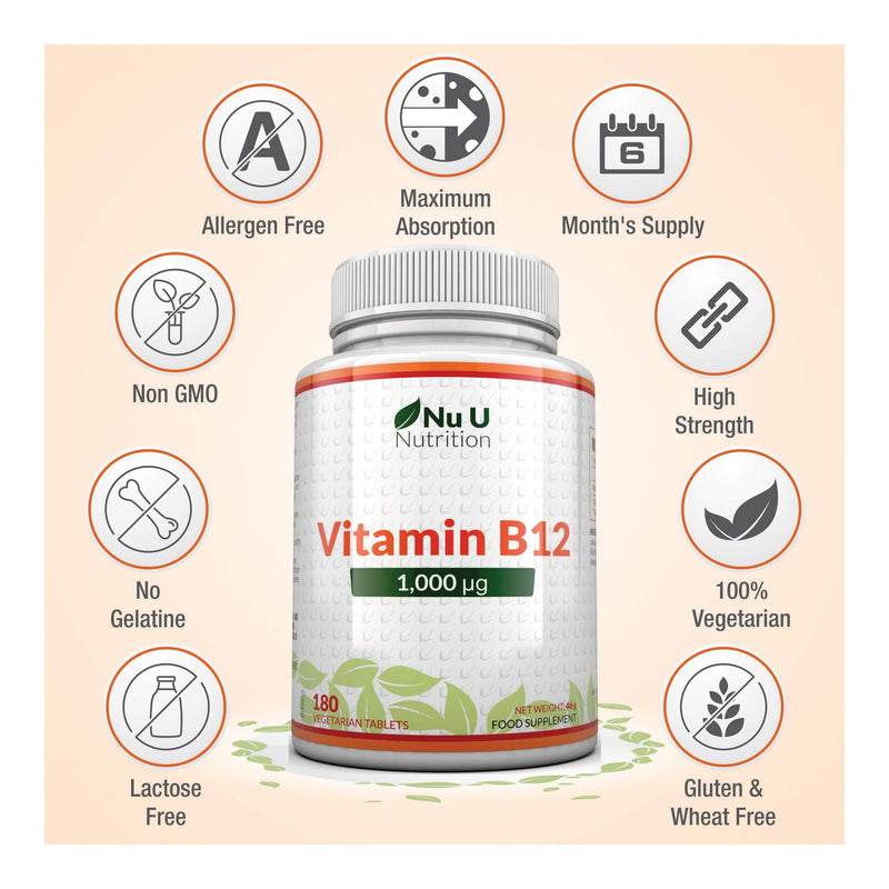 Vitamin B12 1000?g - High Strength B12 Methylcobalamin - 180 Vegetarian Tablets (6 Month Supply) - Made in The UK by Nu U Nutrition - BeesActive Australia