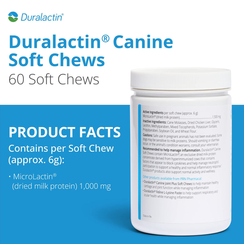 PRN Duralactin Canine Soft Chews - Joint Health Supplement for Dogs and Puppies to Help Reduce Inflammation - Chicken-Liver Flavored Canine Chews Containing Dried Milk Protein - 60-Count Bottle - BeesActive Australia