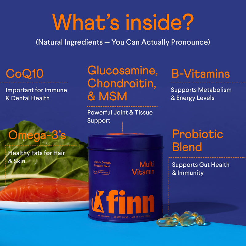 Finn All-in-1 Dog Multivitamin - Everyday Vitamin Supplement for Dogs with Probiotics, Omega-3s, Glucosamine + Chondroitin | Gut & Immune Health, Joint Support, Heart Health | 90 Soft Chew Treats - BeesActive Australia