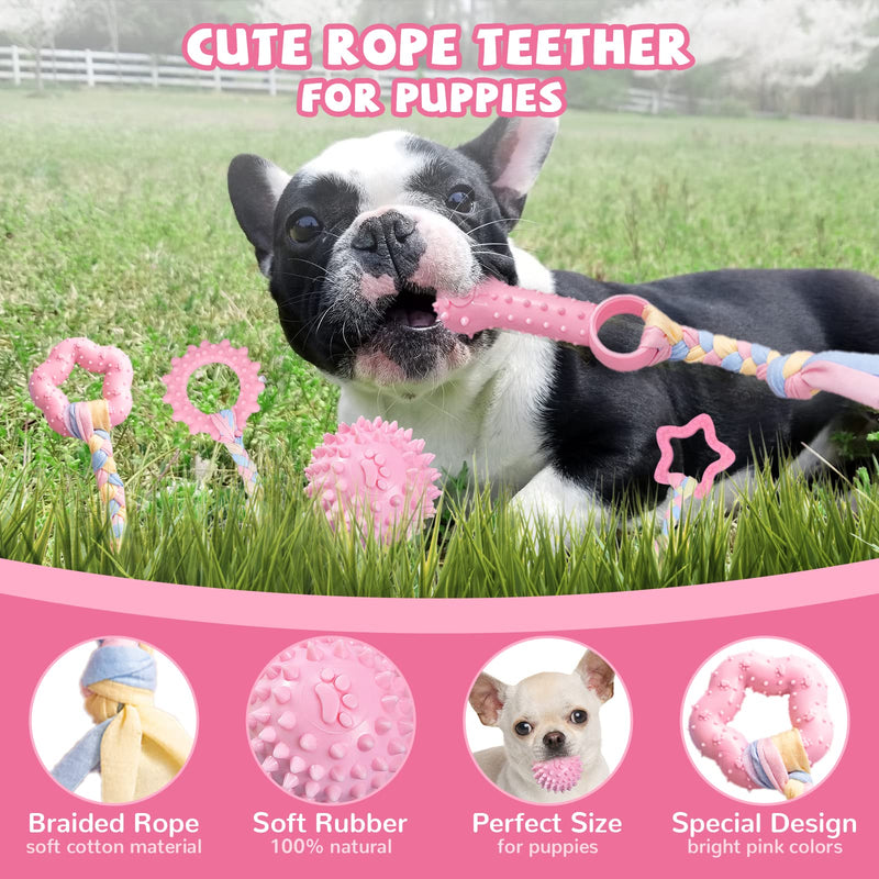 ABRRLO 6 Pack Puppy Chew Toys for Teething Small Dogs Toys for Puppies Cute Pink Soft Durable Rubber Pea Ball Rope Pet Toy for Anxiety Relief Cleaning Teeth and Protect Oral Health - BeesActive Australia
