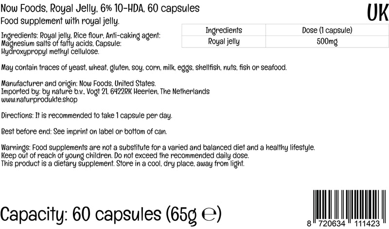 Now Foods, Royal Jelly, 500mg, Standardised to 6% 10-HDA, High Dose, 60 Capsules, Lab-Tested, Gluten Free, SOYA Free, Non GMO - BeesActive Australia