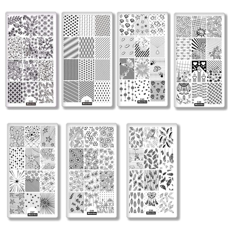 7Pcs Valentine's Day Nail Art Templates Stamping Plate Set Lace Flowers Feather Love Design Nail Art Plate Line Geometric Printing Stencil Tools - BeesActive Australia