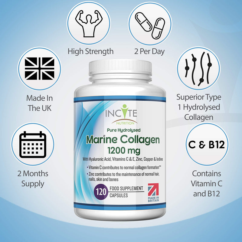 Marine Collagen 1200mg | 120 High Strength Collagen Capsules Supplements for Women & Men Pure Superior Type 1 Hydrolysed Marine Collagen Enhanced with Vitamins C, E, B12, Copper, Zinc and Iodine. - BeesActive Australia