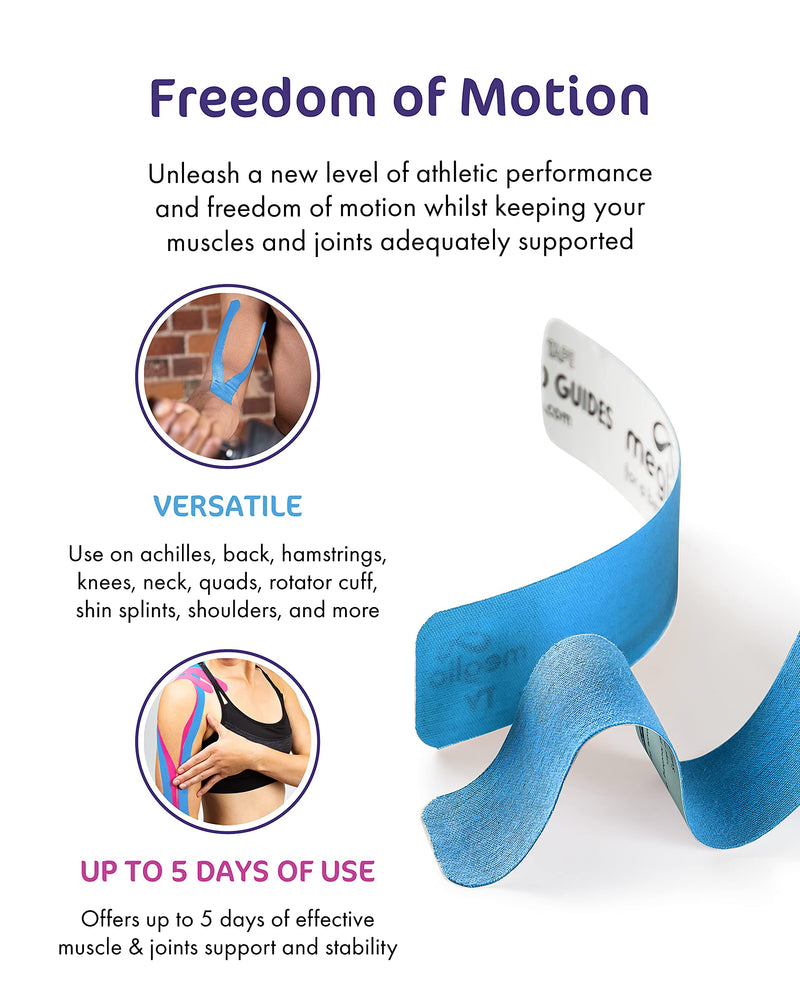 Meglio Kinesiology Tape - Uncut 5 Metre Roll - Therapeutic and Hypoallergenic - For Muscle Support & Sports Injury Recovery - Breathable & Waterproof - Knee, Ankle, & Wrist - Long Lasting Adhesive Blue - BeesActive Australia