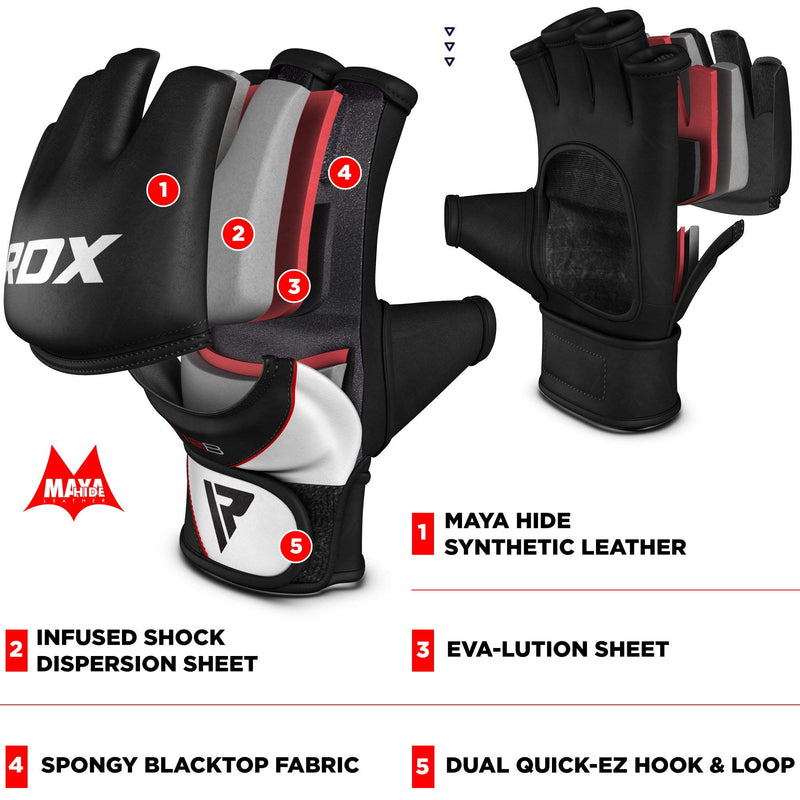 [AUSTRALIA] - RDX MMA Gloves for Grappling Martial Arts Training | D. Cut Palm Maya Hide Leather Sparring Mitts| Perfect for Cage Fighting, Combat Sports, Punching Bag, Muay Thai & Kickboxing Black Large 