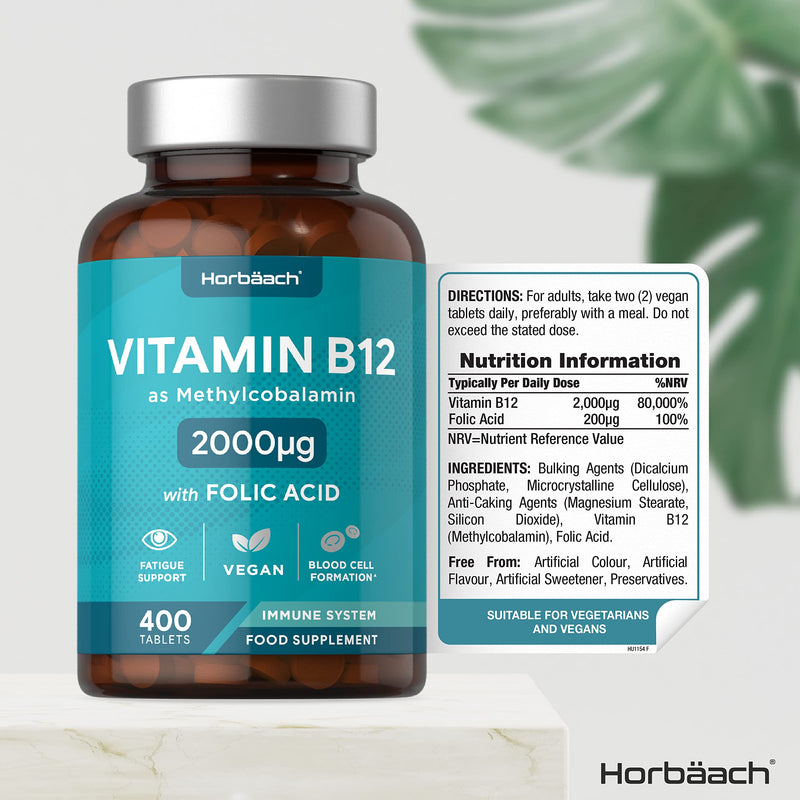 Vitamin B12 Tablets | 2000mcg | 400 Vegan Tablets | High Strength Supplement | Complex Formula with Folic Acid | by Horbaach - BeesActive Australia