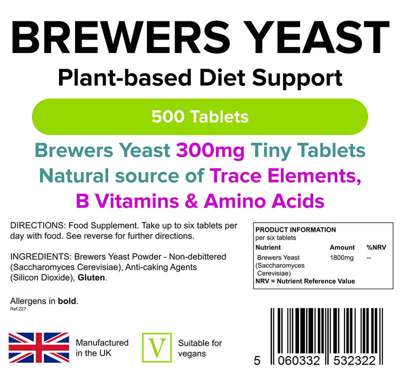 Lindens Brewers Yeast 300mg - 500 Vegan Tablets - Natural Vitamins & Micronutrients and Non-Debittered for Maximum Nutrition | B Vitamins, Amino Acids, Minerals | Made in The UK, (3 Months Supply) - BeesActive Australia