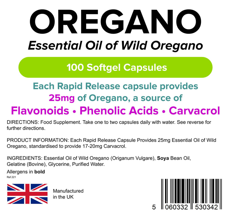 Lindens Oregano Oil 25mg - 100 Capsules - UK Made - Natural Source of Phenolic Acids and Flavonoids - Origanum Vulgare - Easy Swallow & Rapid Release - 3+ Months Supply - GMP & Letterbox Friendly - BeesActive Australia