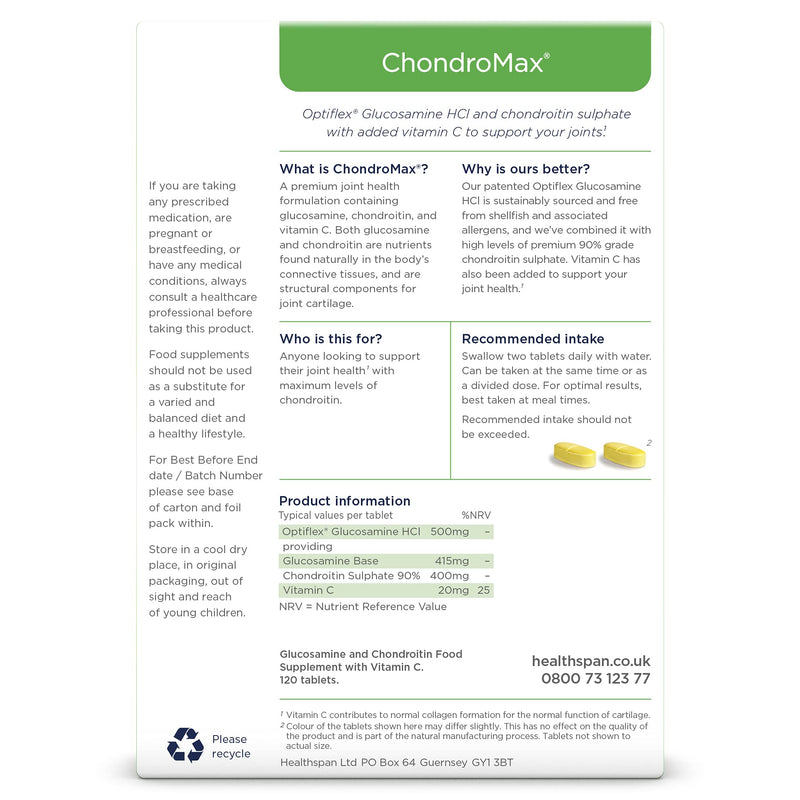 Healthspan High Strength Glucosamine & Chondroitin (2 Months' Supply) | Joint Health | 500mg Optiflex Glucosamine HCI & 400mg Chondroitin Sulphate | Vitamin C for Joint Cartilage | Shellfish Free 120 Count (Pack of 1) - BeesActive Australia
