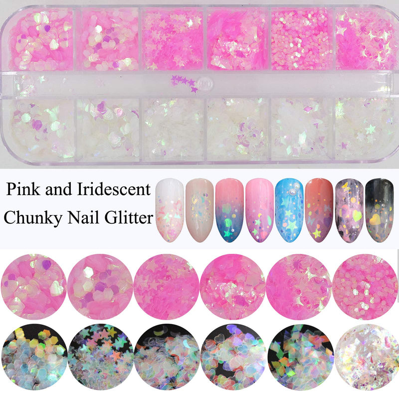 Nail Art Chunky Glitter Foil Flakes Heart Gems Pink Iridescent Sequins, Professional Nail Decoration Kit for Women Teens Nail Design Design 2 - BeesActive Australia