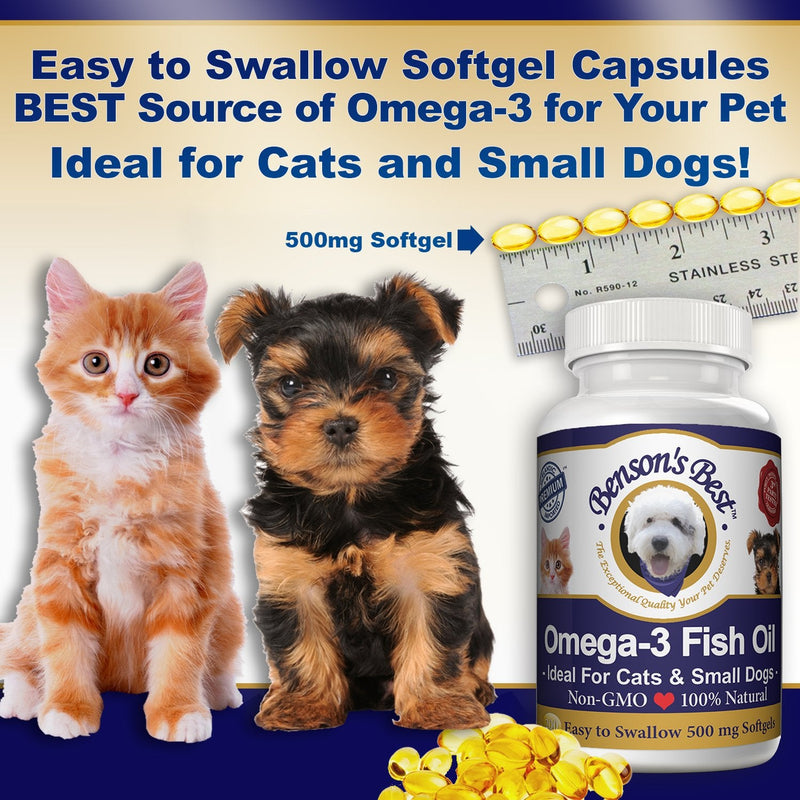Benson's Best Omega-3 Fish Oil for Dogs (1000 mg) or Cats & Small Dogs (500 mg) - Provides 43% More Omega-3 Fatty Acids Than Salmon Oil! 100% Pure, Non-GMO, Natural Pet Food Supplement 500 mg Softgel Capsules for Cats & Small Dogs - BeesActive Australia