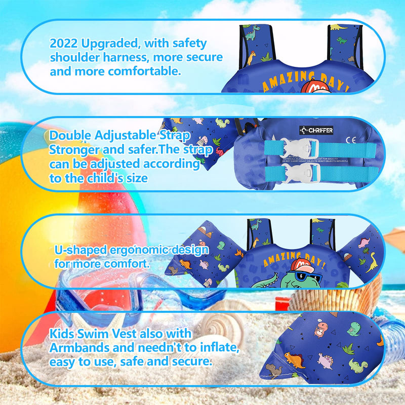 Chriffer Kids Swim Vest Life Jacket for 22-66 Pounds Boys and Girls, Toddler Floaties with Shoulder Harness Arm Wings for 3,4,5,6,7 Years Old Baby Children Sea Beach Pool B-Big Dinosaur - BeesActive Australia