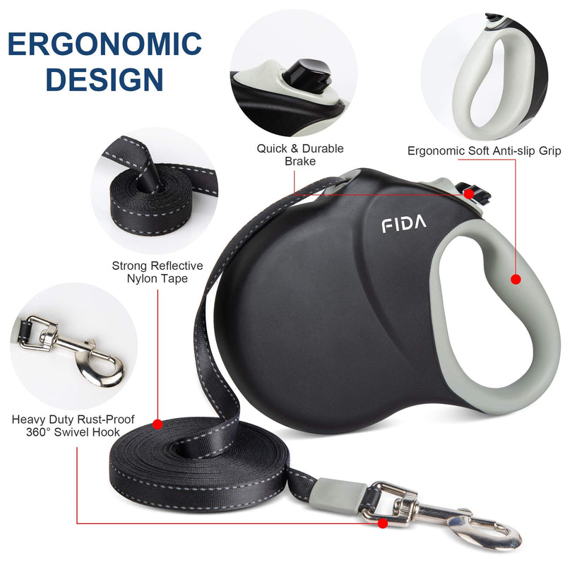 Fida Upgraded Retractable Dog Leash 26ft, Heavy Duty Pet Walking Leash for Medium/Large Breeds up to 110 lbs, 360° Tangle-Free Long Retract Dog Lead, Soft Grip, One-Hand Brake, Black - BeesActive Australia