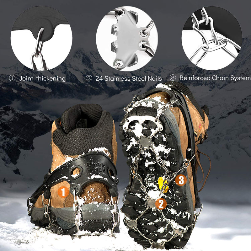 SYOURSELF Crampons Ice Cleats Snow Grips Ice Grippers Traction Anti-Slip Stainless Cleats with 24 Steel Spikes for Shoes Boots Winter Outdoor Walking Jogging Climbing Hiking Fishing Black Medium - BeesActive Australia