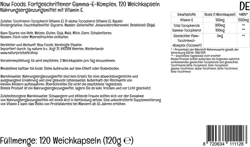 Now Foods, Advanced Gamma-E-Complex, 120 Softgels, Lab-Tested, Vitamin E, Gluten Free, Non GMO - BeesActive Australia