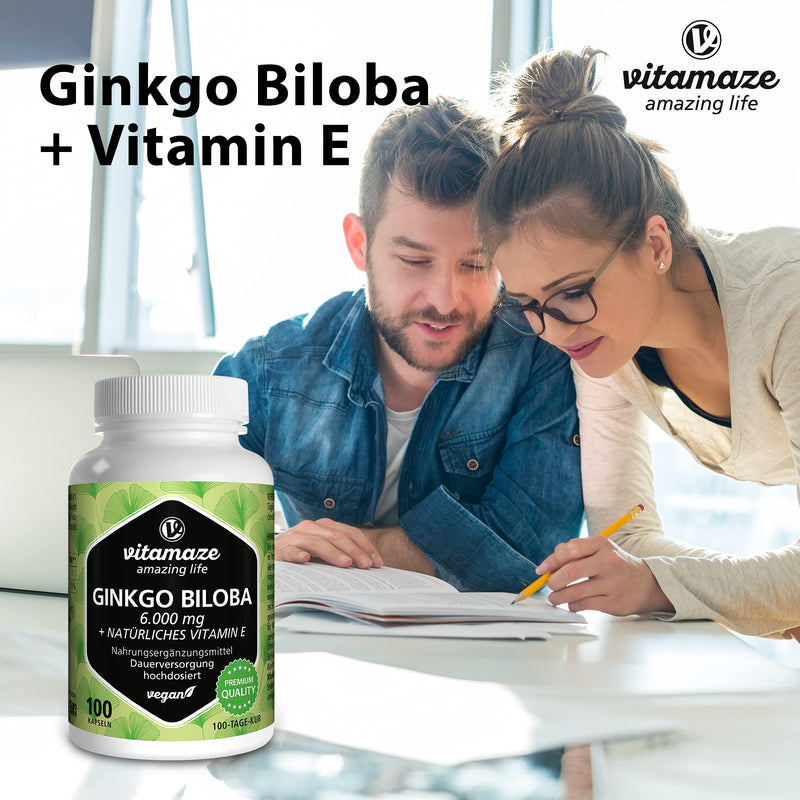 Ginkgo Biloba Capsules 6000mg with Acai, L-Carnitine and Vitamin E - 100 Days Supply - Booster for Learning and Memory - Gingko Biloba Extract 50:1 - Supplement Without Additives Ginkgo Biloba Complex - BeesActive Australia
