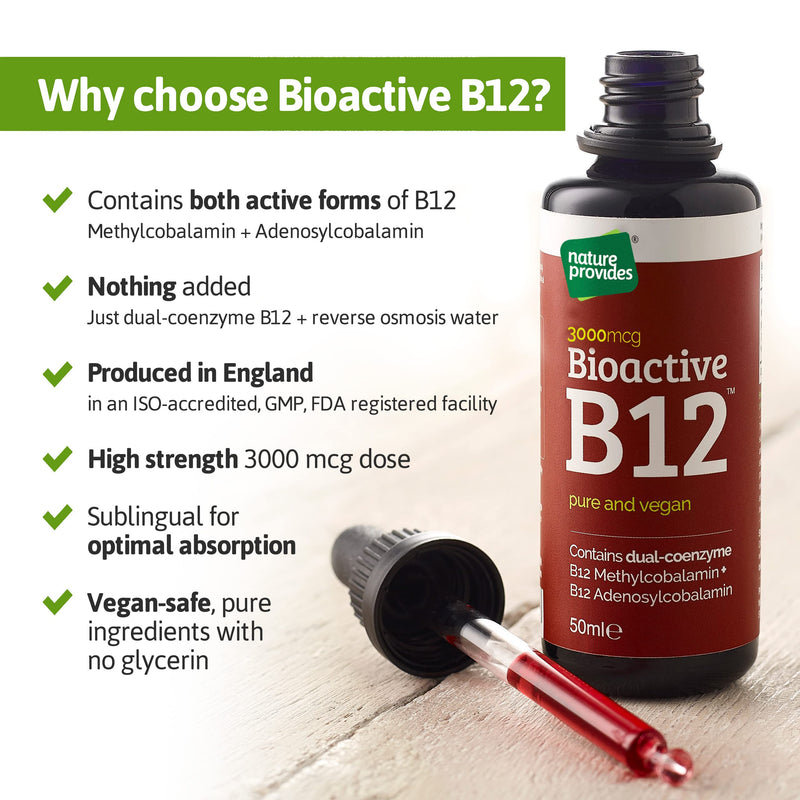 Nature Provides Vitamin B12 Liquid Drops 3000 mcg Methylcobalamin + Adenosylcobalamin (50ml) High Strength Bioactive Vegan Energy & Sleep Sublingual. Like B12 injections. Made in The UK. - BeesActive Australia