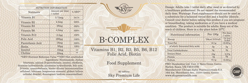 Sky Premium Life Vitamin B Complex with Vitamins B1, B2, B3, B5, B6, B12, Folic Acid & Biotin - 60 Tablets (1 Pack) - BeesActive Australia