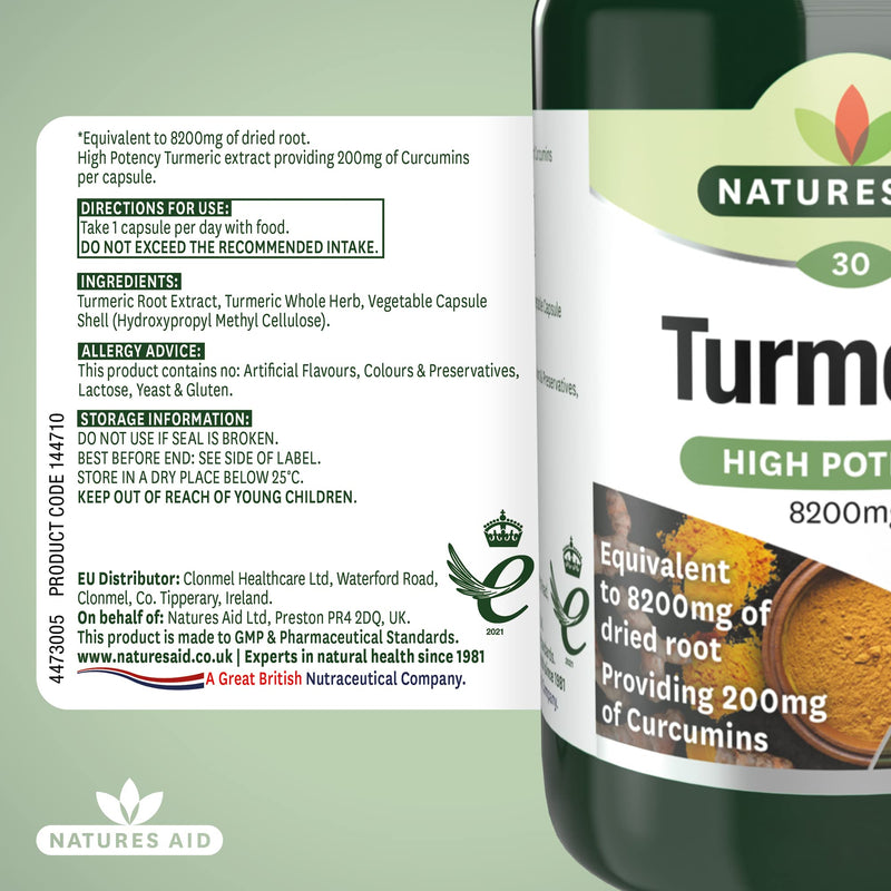 Natures Aid Turmeric 8200 mg, High Potency Extract plus Whole Herb, 200 mg Curcumins, Vegan, 30 Capsules 30 Count (Pack of 1) - BeesActive Australia