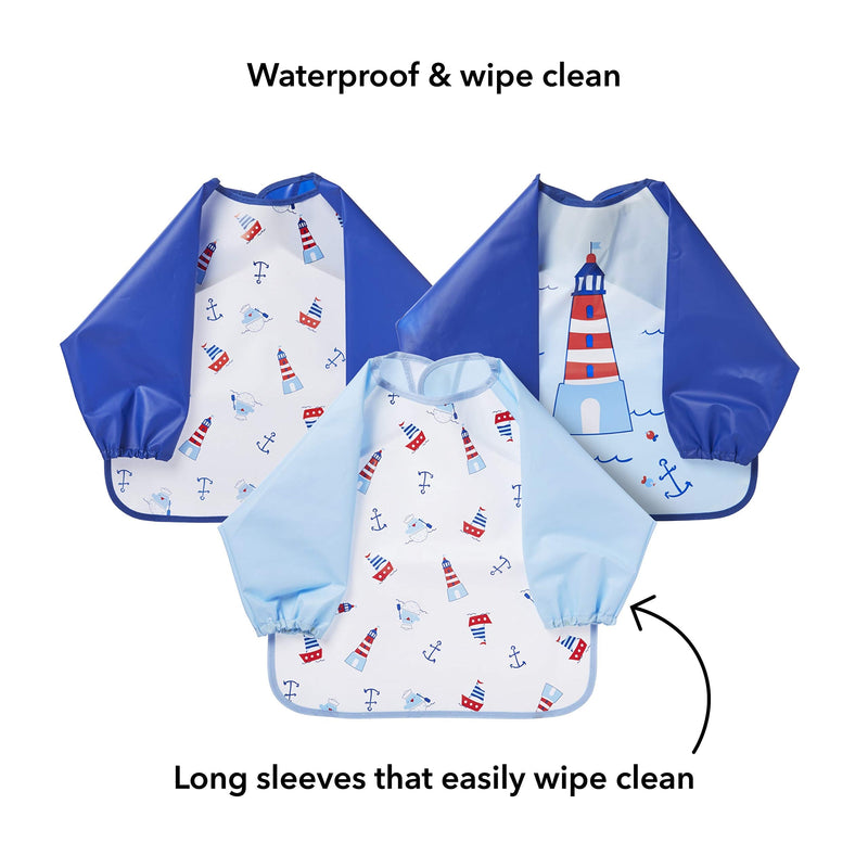 Nuby Coverall Baby Bibs for Toddlers 12 months plus, Long Sleeve Waterproof Weaning Bibs, 3 Pack, Blue Boy - BeesActive Australia