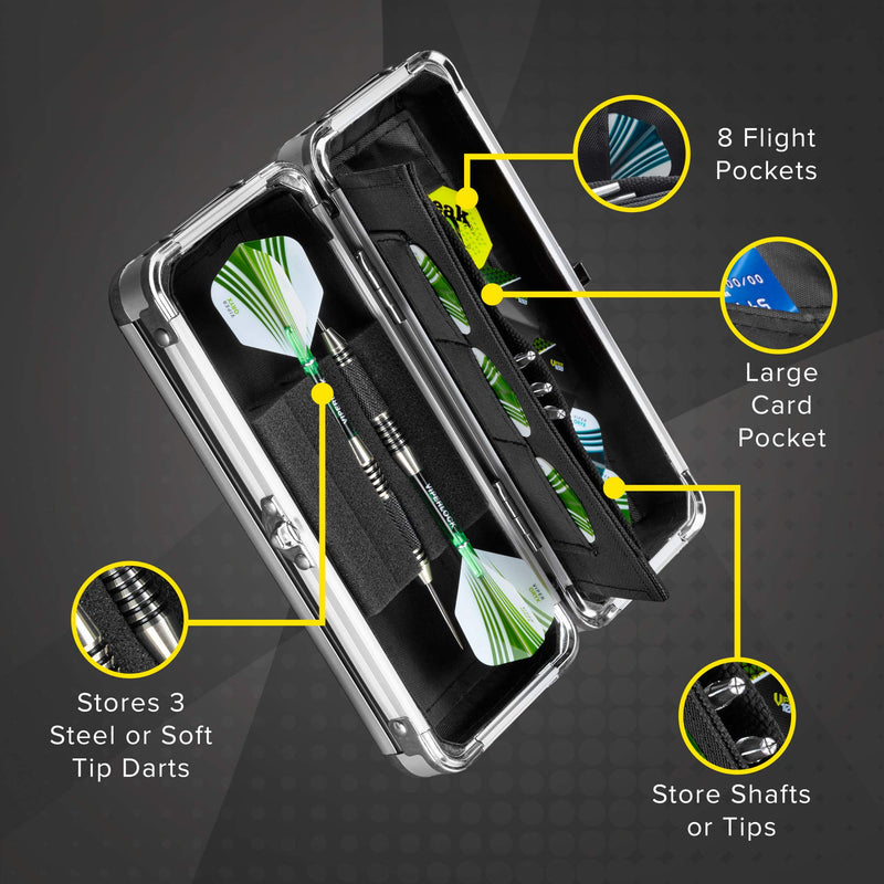 [AUSTRALIA] - Casemaster Sole Aluminum Slim Profile Dart Case Holds 3 Steel Tip and Soft Tip Darts with Enough Space to Keep Flights in Shape, Features Built-in Pockets for Other Accessories 