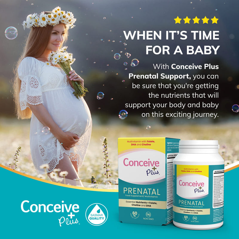 Conceive Plus Prenatal - Multivitamin + DHA, Choline, Folate. Non GMO Supplement During Pregnancy, 30 Days Supply, 60 Caps - BeesActive Australia