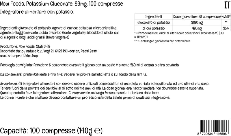Now Foods, Potassium Gluconate, 99mg, 100 Vegan Tablets, Lab-Tested, Gluten Free, Soy Free, Vegetarian, Non-GMO - BeesActive Australia