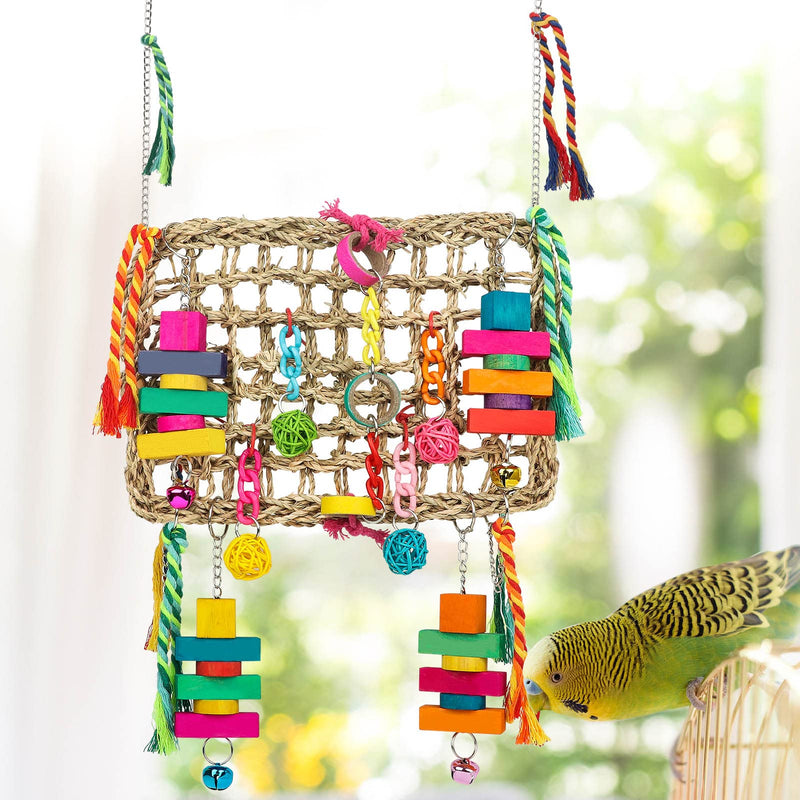 Bird Swing Toys, Bird Foraging Wall Toy, Seagrass Woven Hammock Swing Mat with Colorful Ropes Wooden Chew Toys for Lovebirds, Parakeets, Conures, Cockatiels - BeesActive Australia