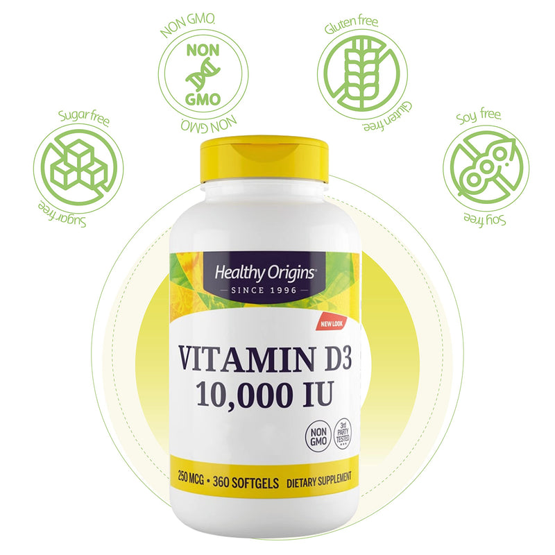 Healthy Origins, Vitamin D3, 10,000 IU, 360 Softgels, Lab Tested, Gluten Free, Soy Free, Non-GMO - BeesActive Australia