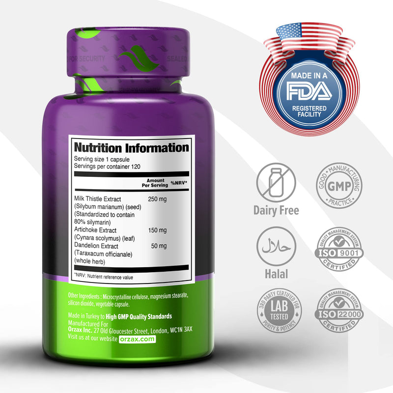 ORZAX Milk Thistle Supplement, Extra Strength Blend Formula, 80% Silymarin with Dandelion and Artichoke, Dairy-Free, 120 Vegetable Capsules - BeesActive Australia
