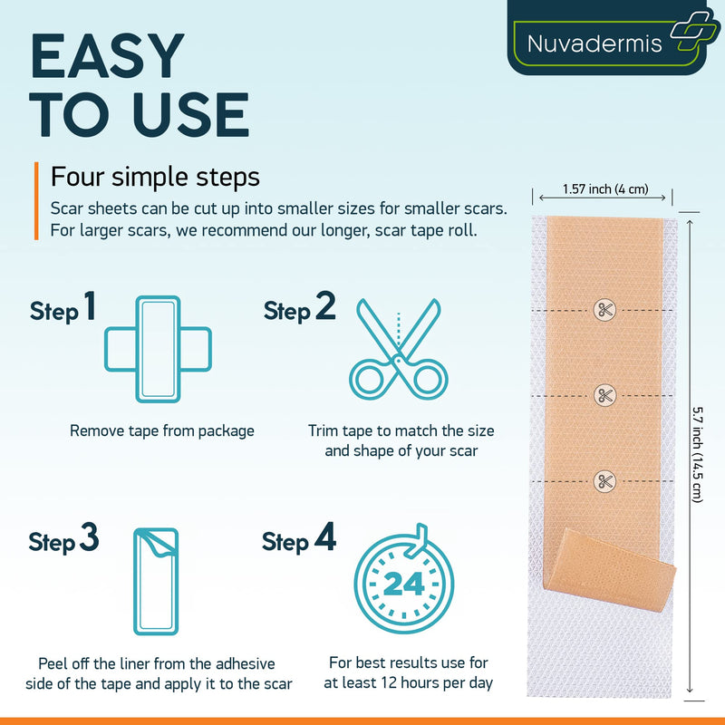 Silicone Scar Removal Sheets - Keloid, C Section, Post Surgery & Acne Scars Treatment - 2 Month Supply - Silicon Soft Long Strips & Sheets 5.7" x 1.57" - Healing Alternative to Gel, Tape, & Cream 4 Count (Pack of 1) - BeesActive Australia
